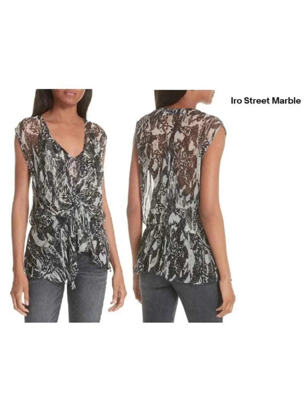 IRO Street Marble Blouse Size 36 US Small 4 Sheer Chiffon Multi Twist Knot Front - Picture 13 of 14